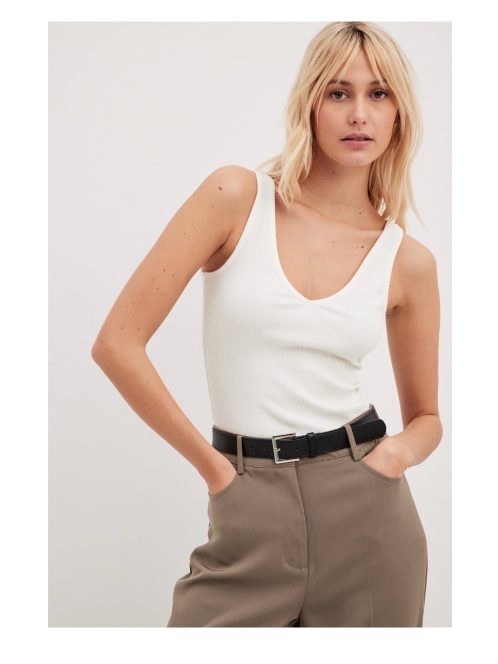 NA-KD White V-Neck Ribbed Tank Top